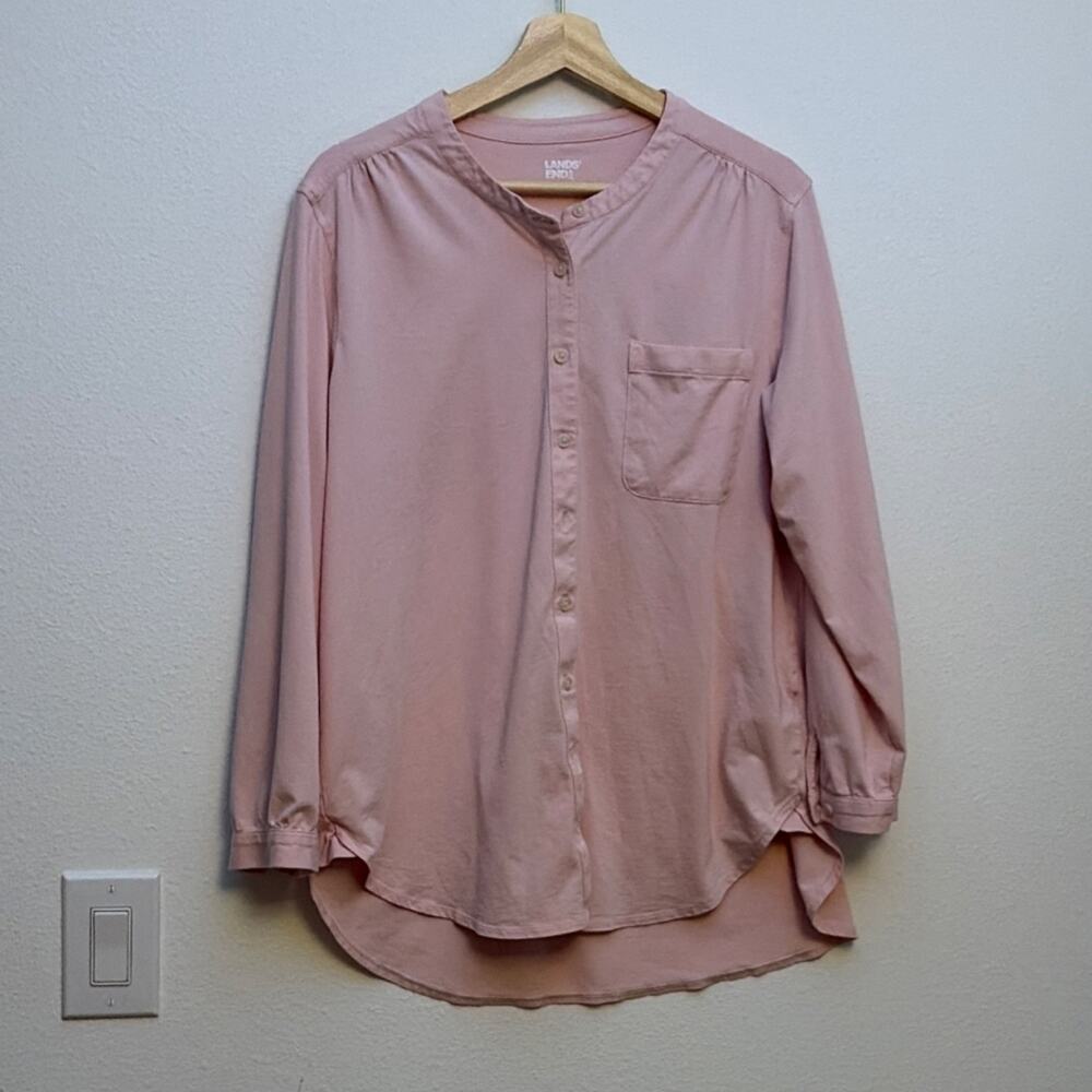 Lands' End Pink Woven Cotton Button Long Sleeve Plus Blouse Round Neck L/P